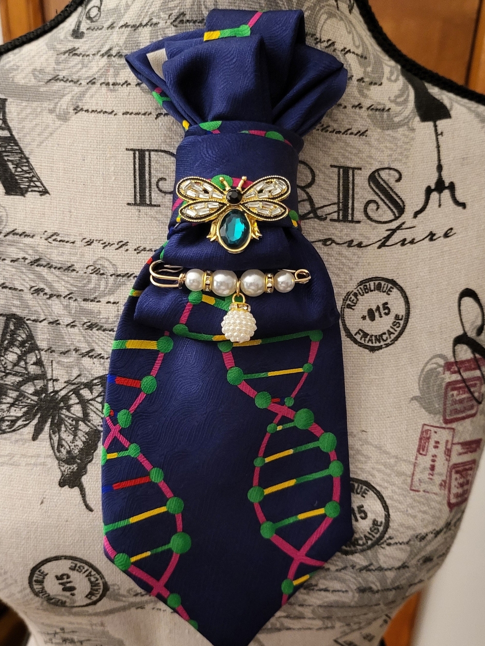 Bee Brooch & Pearl Charm Pin - Upcycled Men's Tie Necklace For Women Custom Made